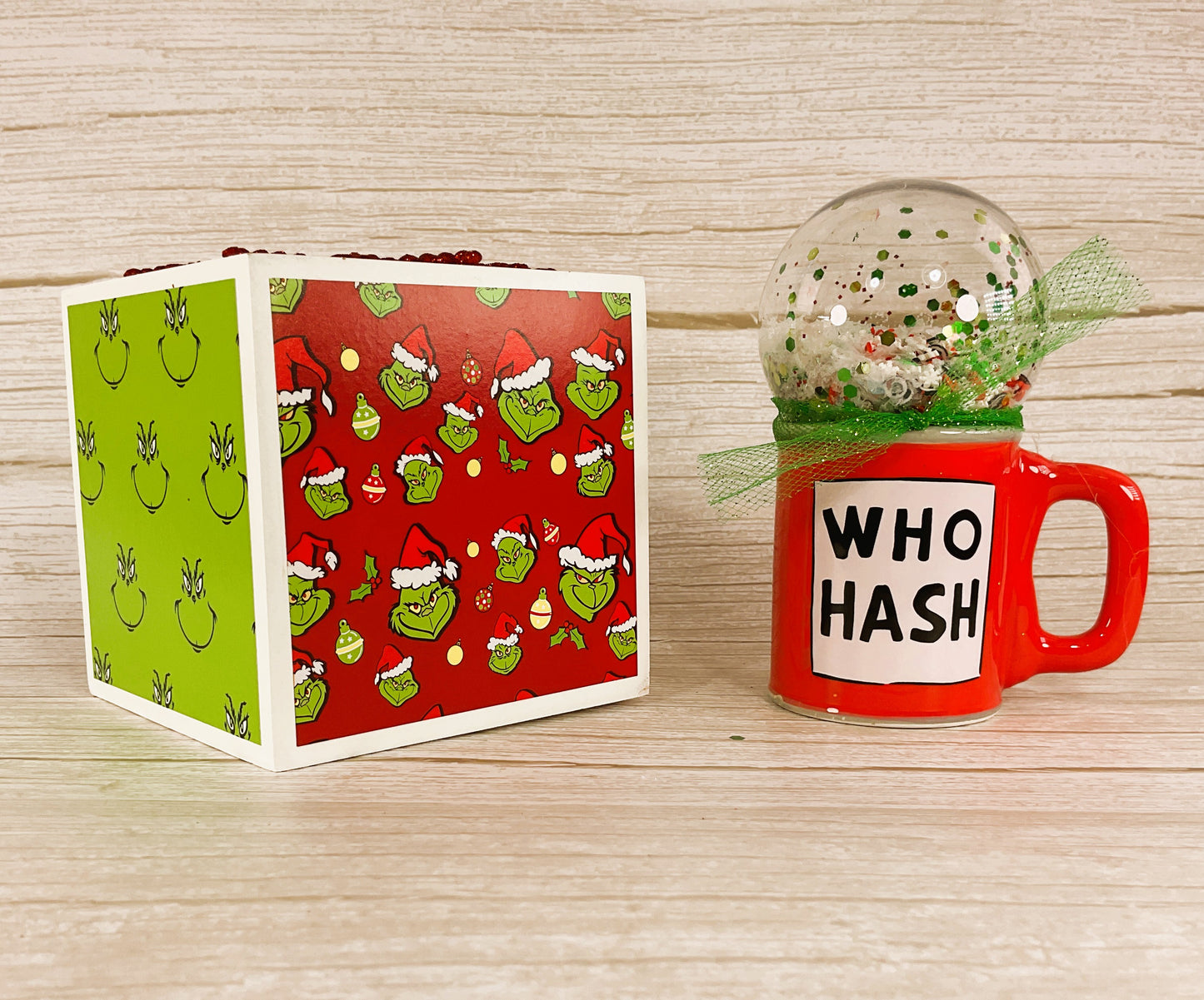 AGD Christmas Decor - Whimsy Green Blocks Ornament Snow-globe 2pc