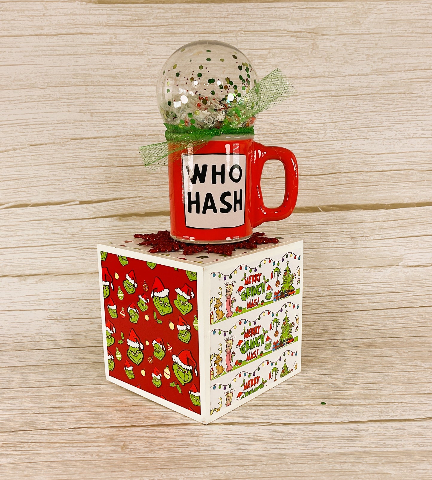 AGD Christmas Decor - Whimsy Green Blocks Ornament Snow-globe 2pc