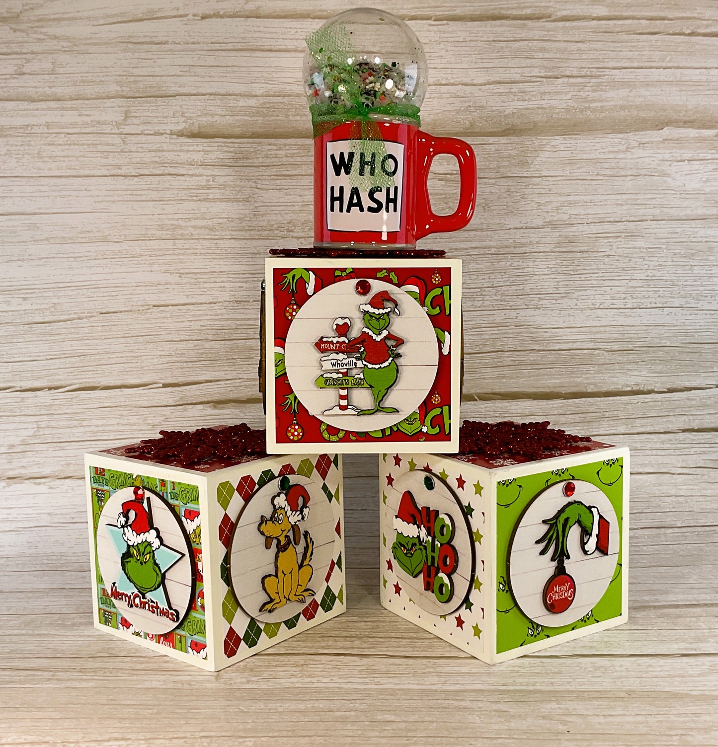 AGD Christmas Decor - Whimsy Green Blocks Ornament Snow-globe 4pc