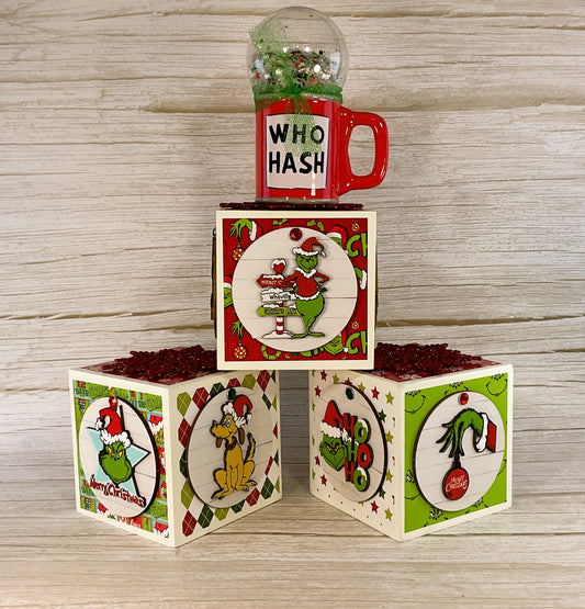 AGD Christmas Decor - Whimsy Green Blocks Ornament Snow-globe 4pc