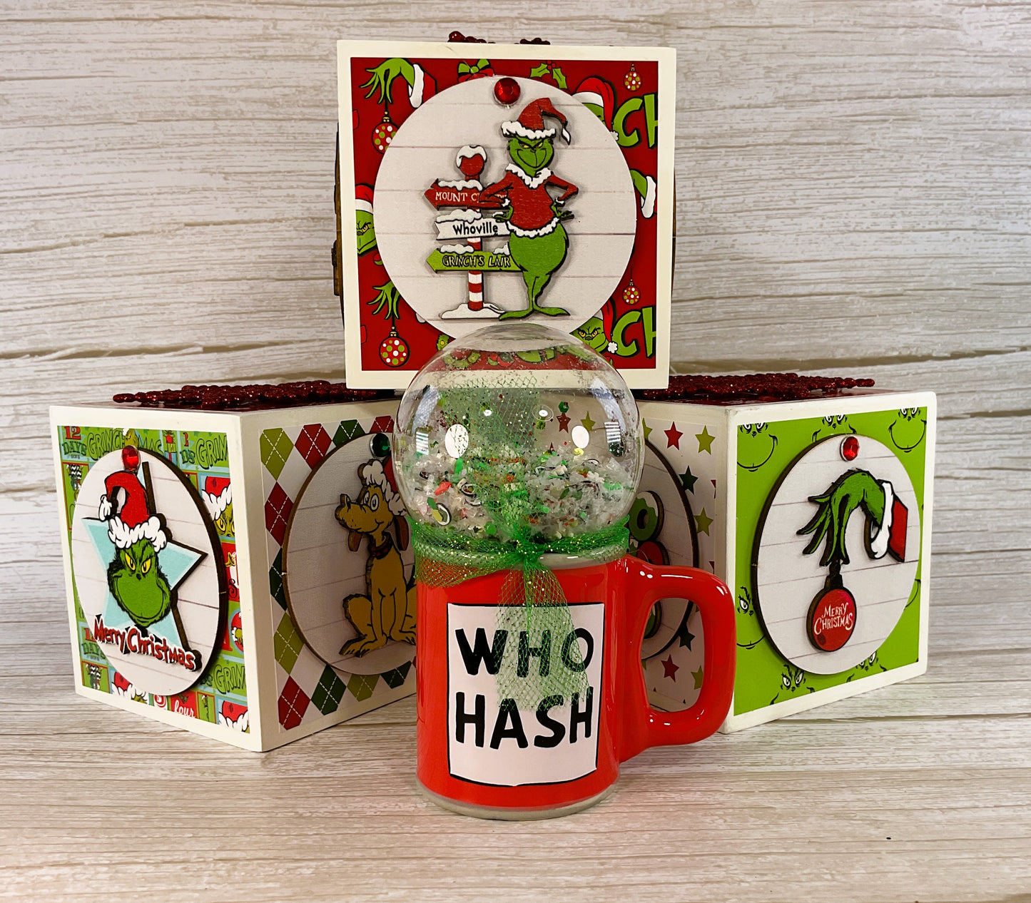 AGD Christmas Decor - Whimsy Green Blocks Ornament Snow-globe 4pc