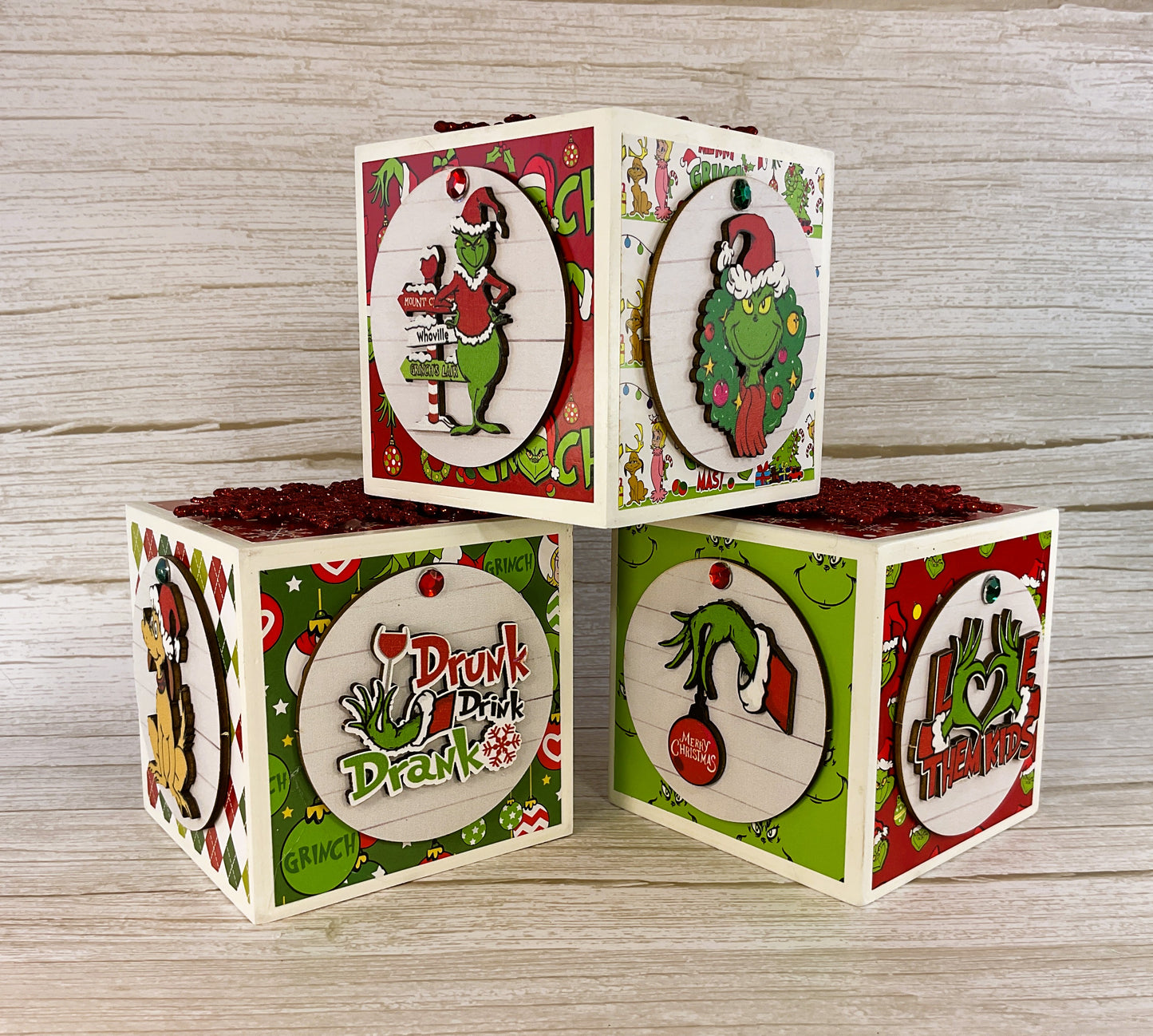 AGD Christmas Decor - Whimsy Green Blocks Ornament Snow-globe 4pc