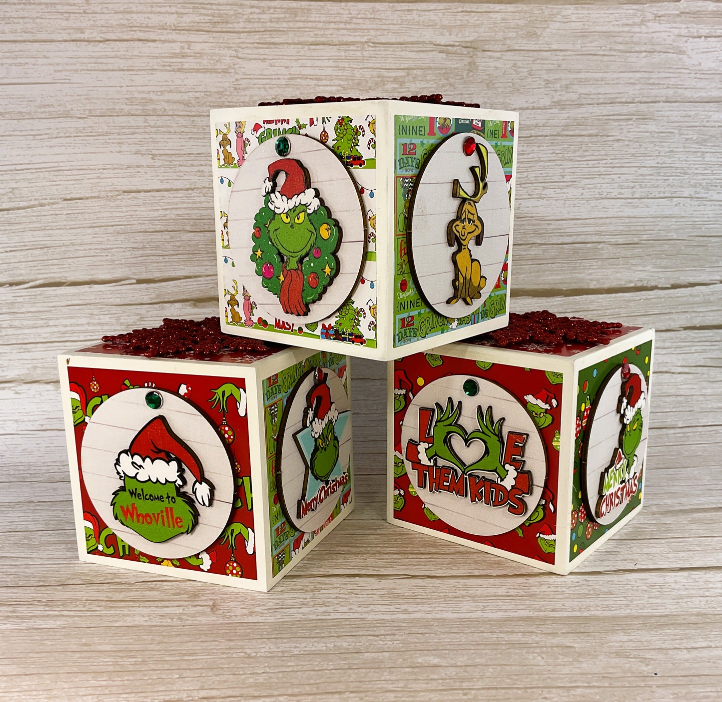 AGD Christmas Decor - Whimsy Green Blocks Ornament Snow-globe 4pc