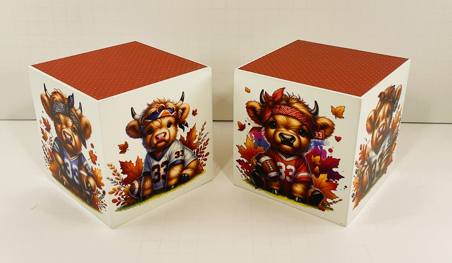AGD Fall Decor - Football Theme Baby Highland Cow Block Signs 2pc