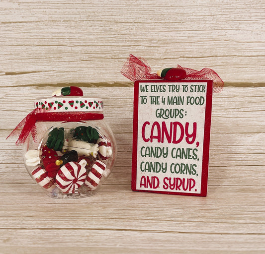 AGD Christmas Decor - Plastic Elf Candy Jar Shaker and Sign 2pc Set