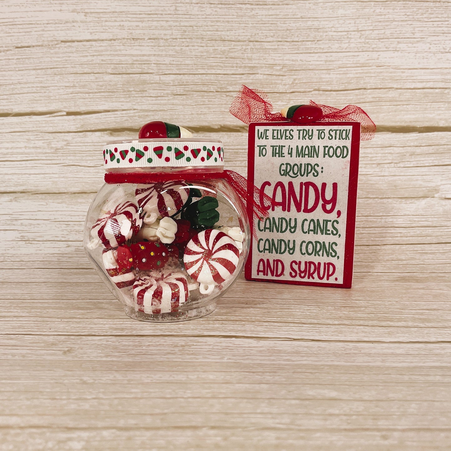 AGD Christmas Decor - Plastic Elf Candy Jar Shaker and Sign 2pc Set