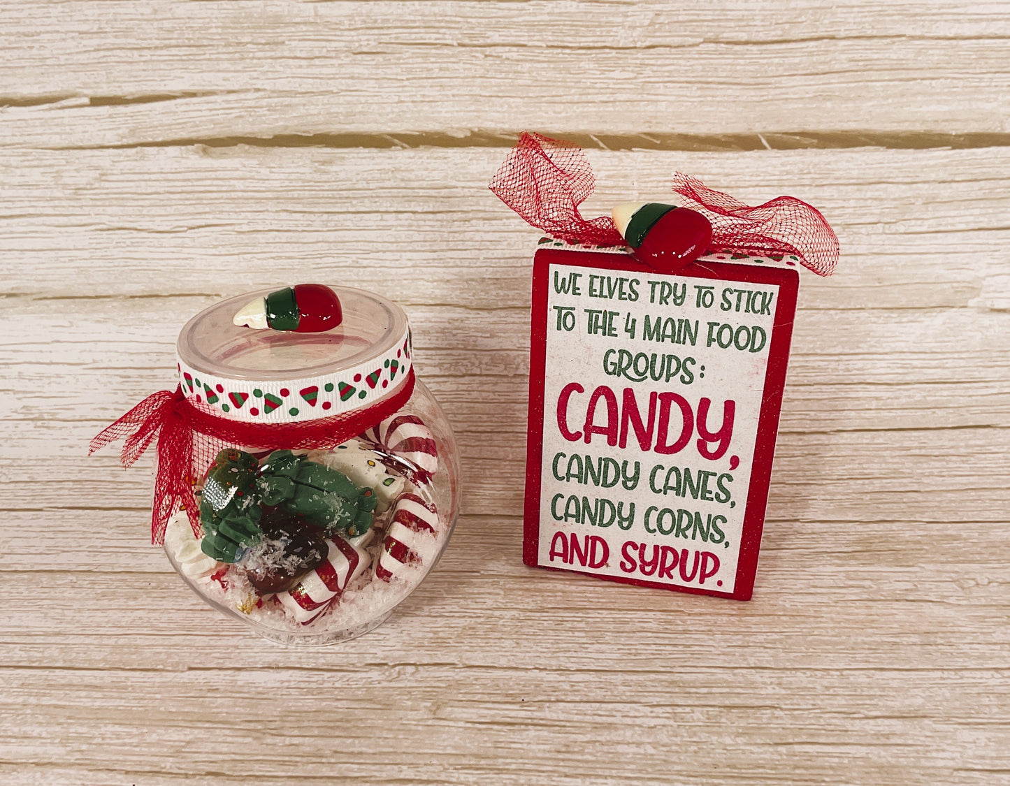 AGD Christmas Decor - Plastic Elf Candy Jar Shaker and Sign 2pc Set