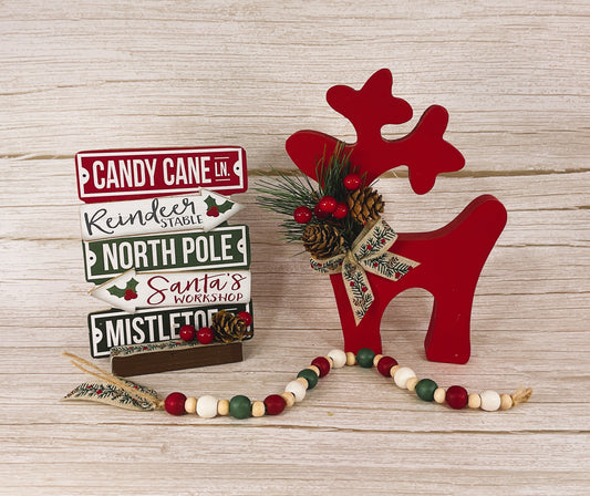 AGD Christmas Decor - Red Reindeer Directional Sign 3pc Set