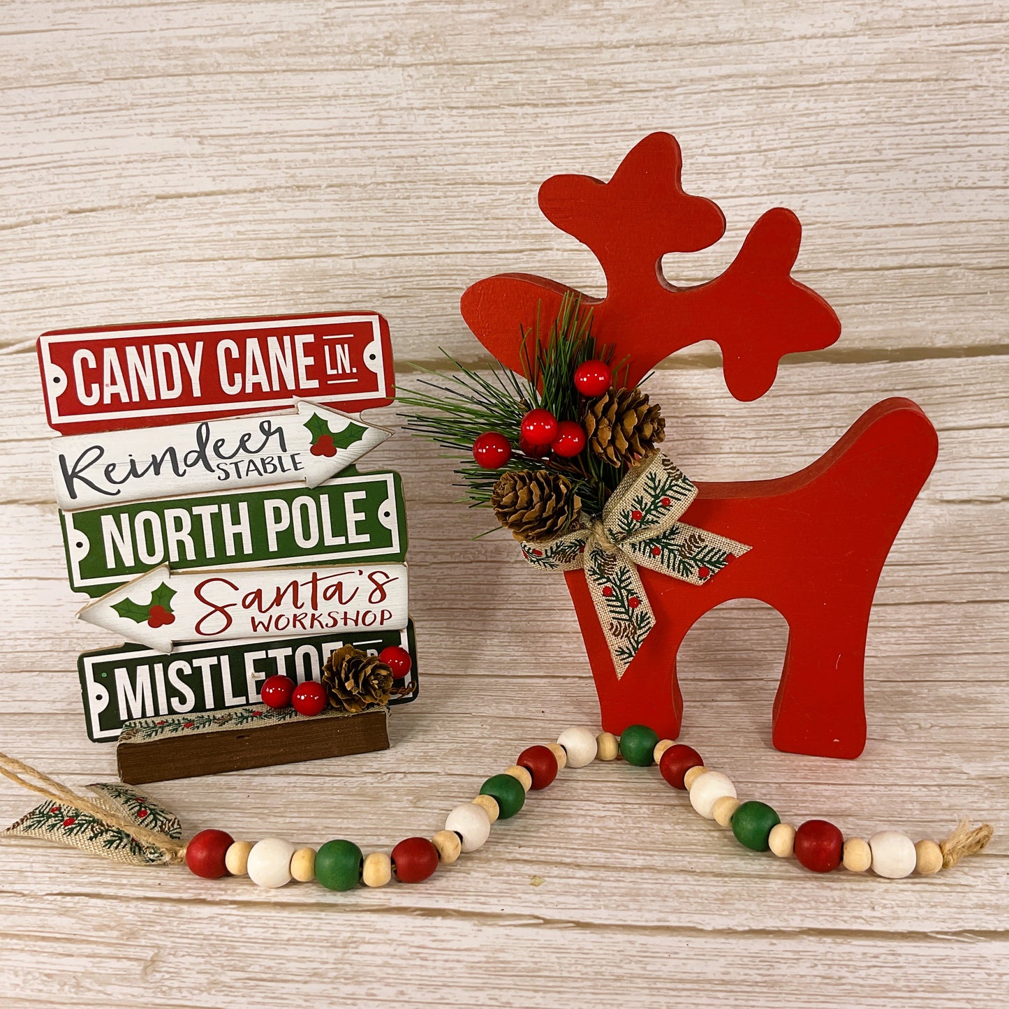 AGD Christmas Decor - Red Reindeer Directional Sign 3pc Set