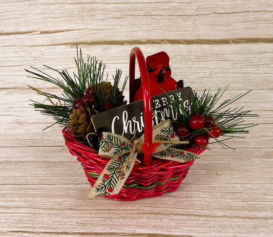 AGD Christmas Decor - Red Cardinal Small Floral Winter Woven Basket
