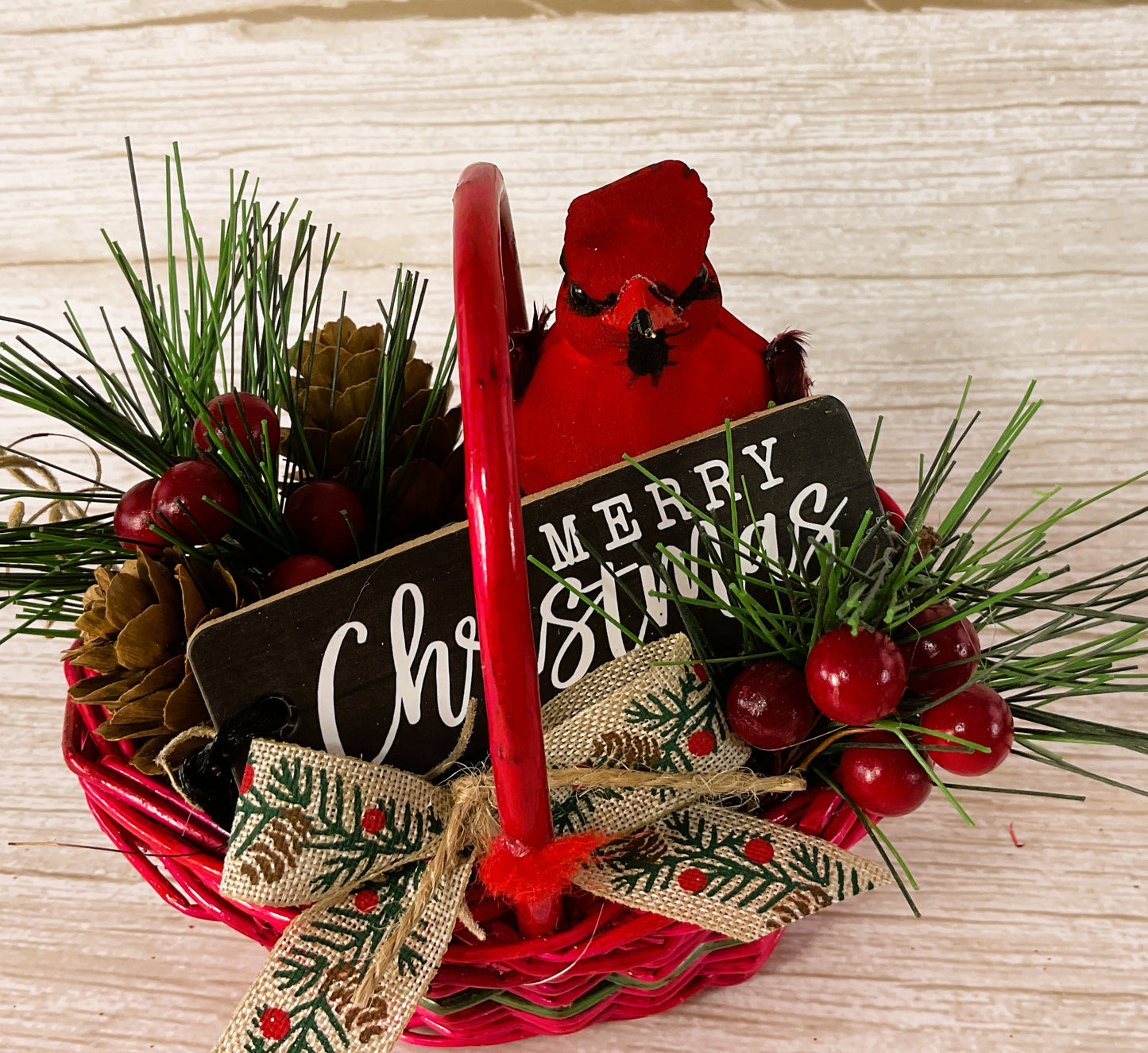 AGD Christmas Decor - Red Cardinal Small Floral Winter Woven Basket