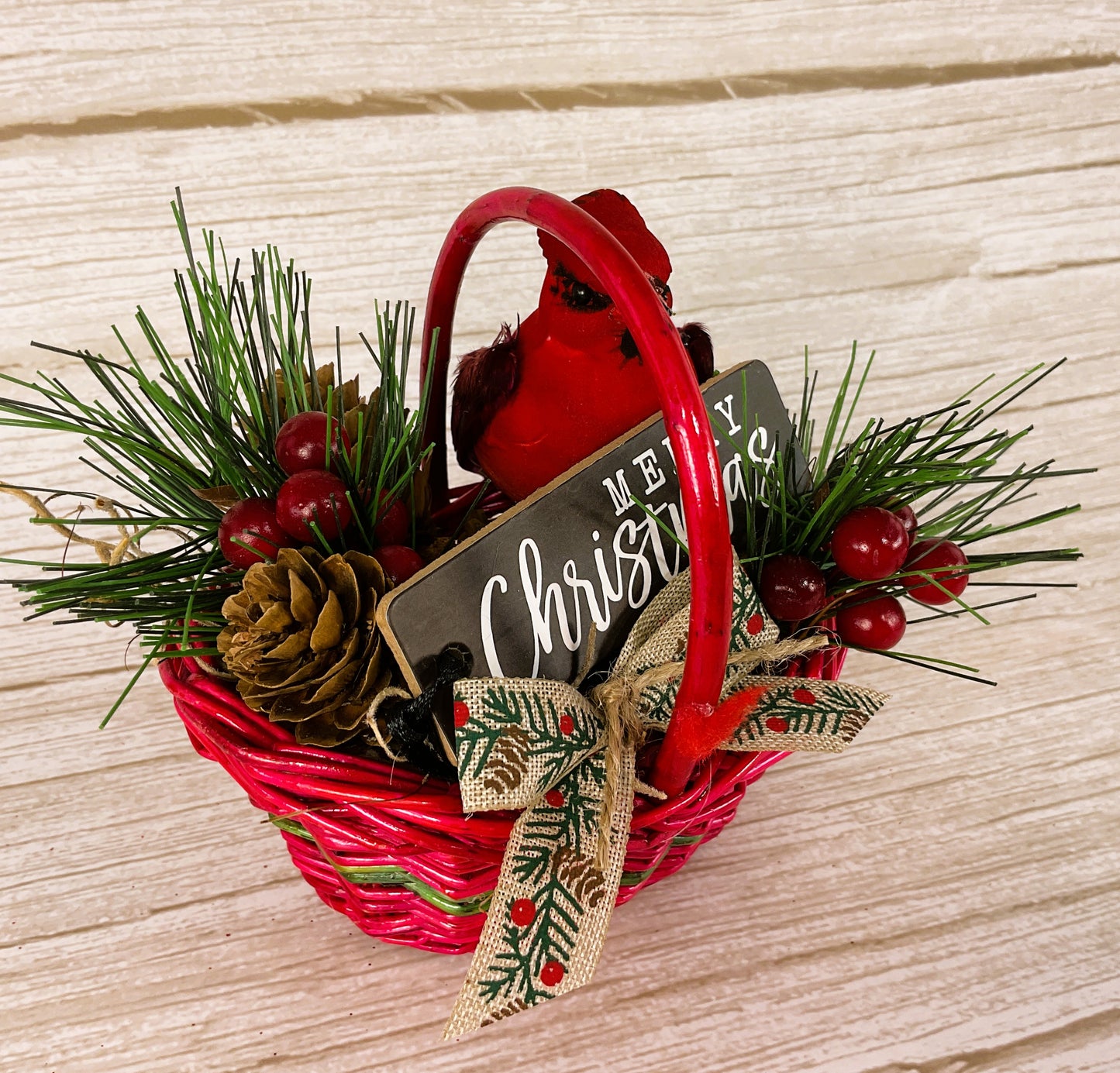 AGD Christmas Decor - Red Cardinal Small Floral Winter Woven Basket