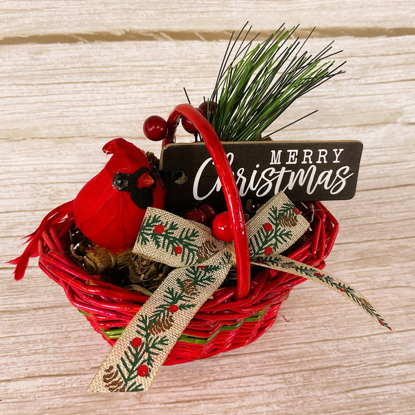 AGD Christmas Decor - Red Cardinal Small Floral Winter Woven Basket