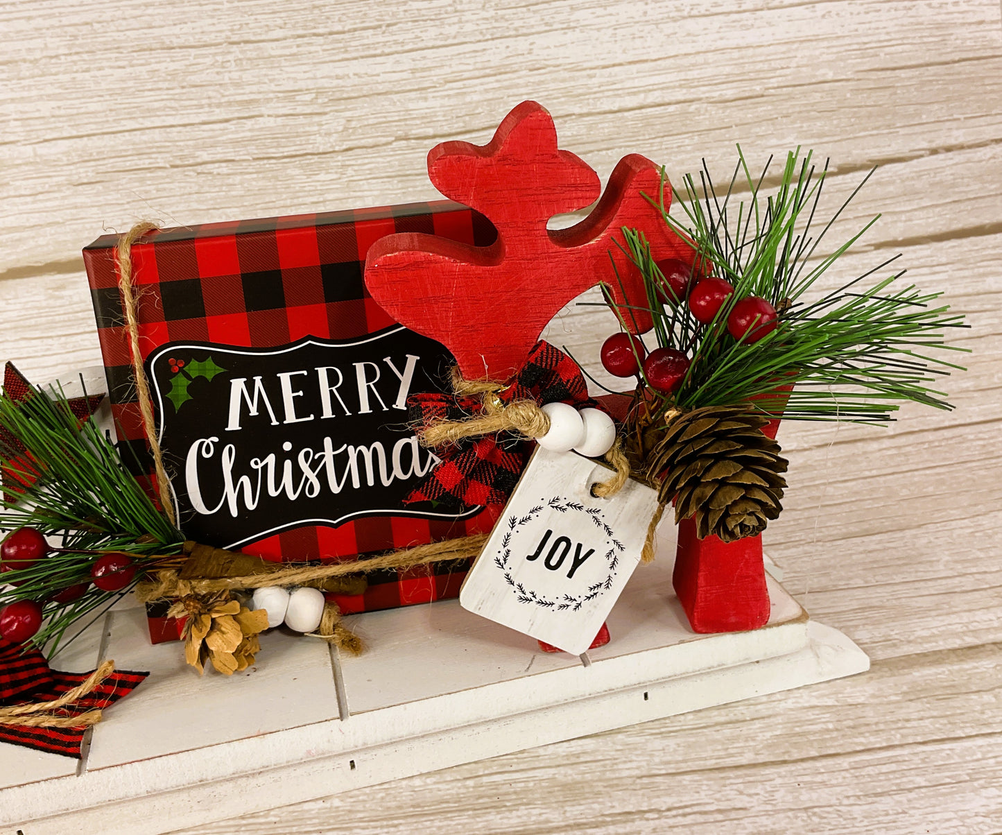 AGD Christmas Decor - Buffalo Plaid Sled Reindeer Trees 3pc