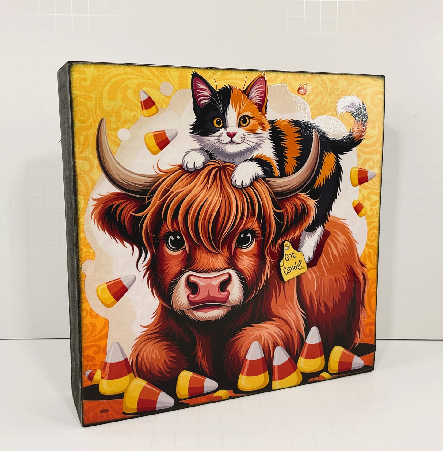 AGD Halloween Decor - Highland Cow Calico Cat Candy Corn Box Sign