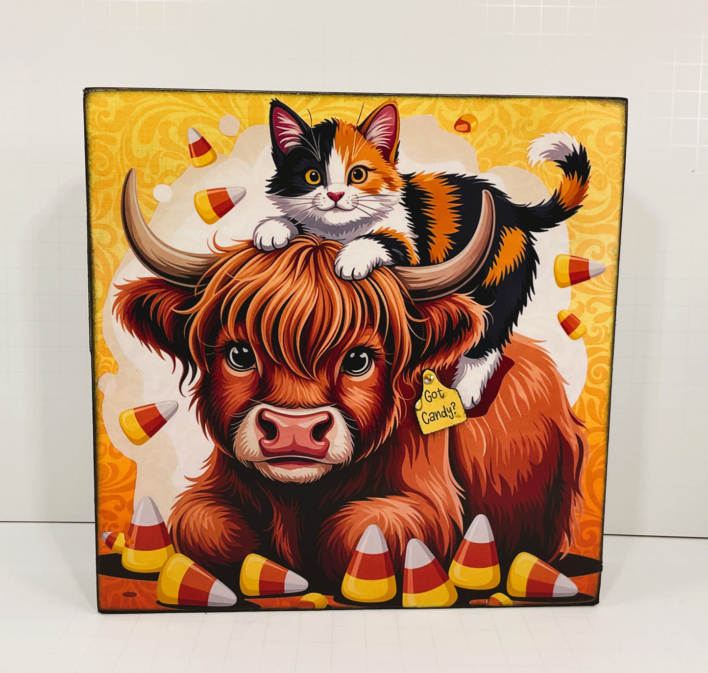 AGD Halloween Decor - Highland Cow Calico Cat Candy Corn Box Sign