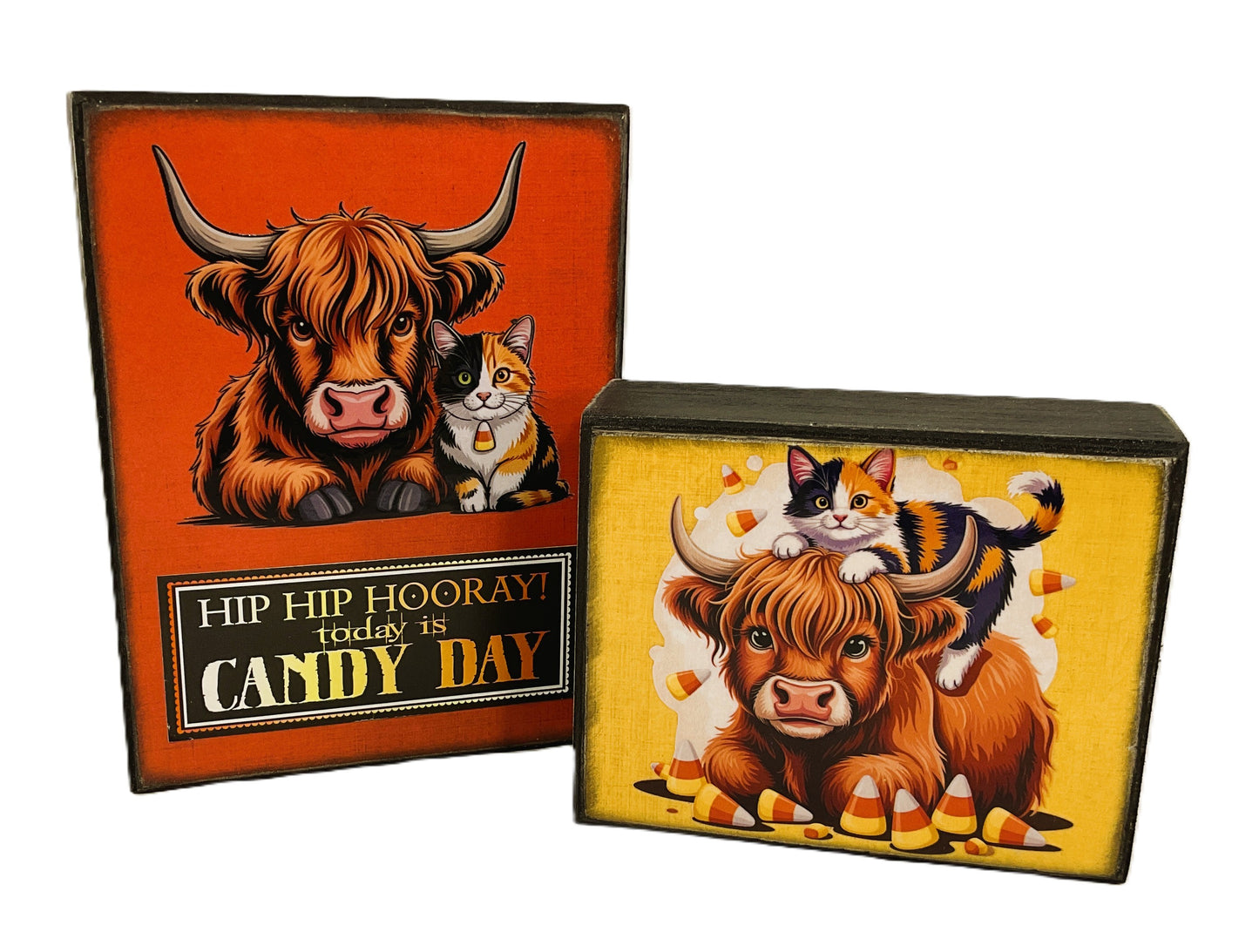 AGD Halloween Decor - Highland Cow Calico Cat Candy Corn Box Sign 2pc
