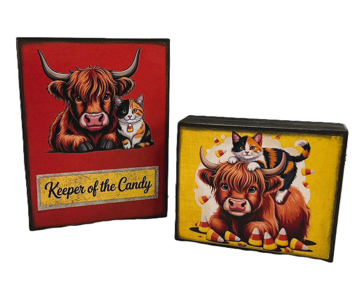AGD Halloween Decor - Highland Cow Calico Cat Candy Corn Box Sign 2pc