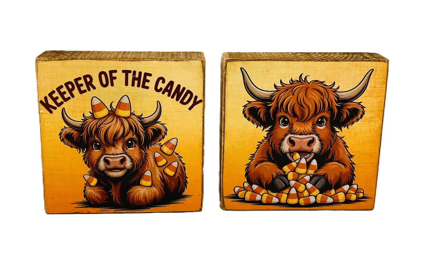 AGD Halloween Decor - Highland Cow Calico Cat Candy Corn Box Sign 2pc