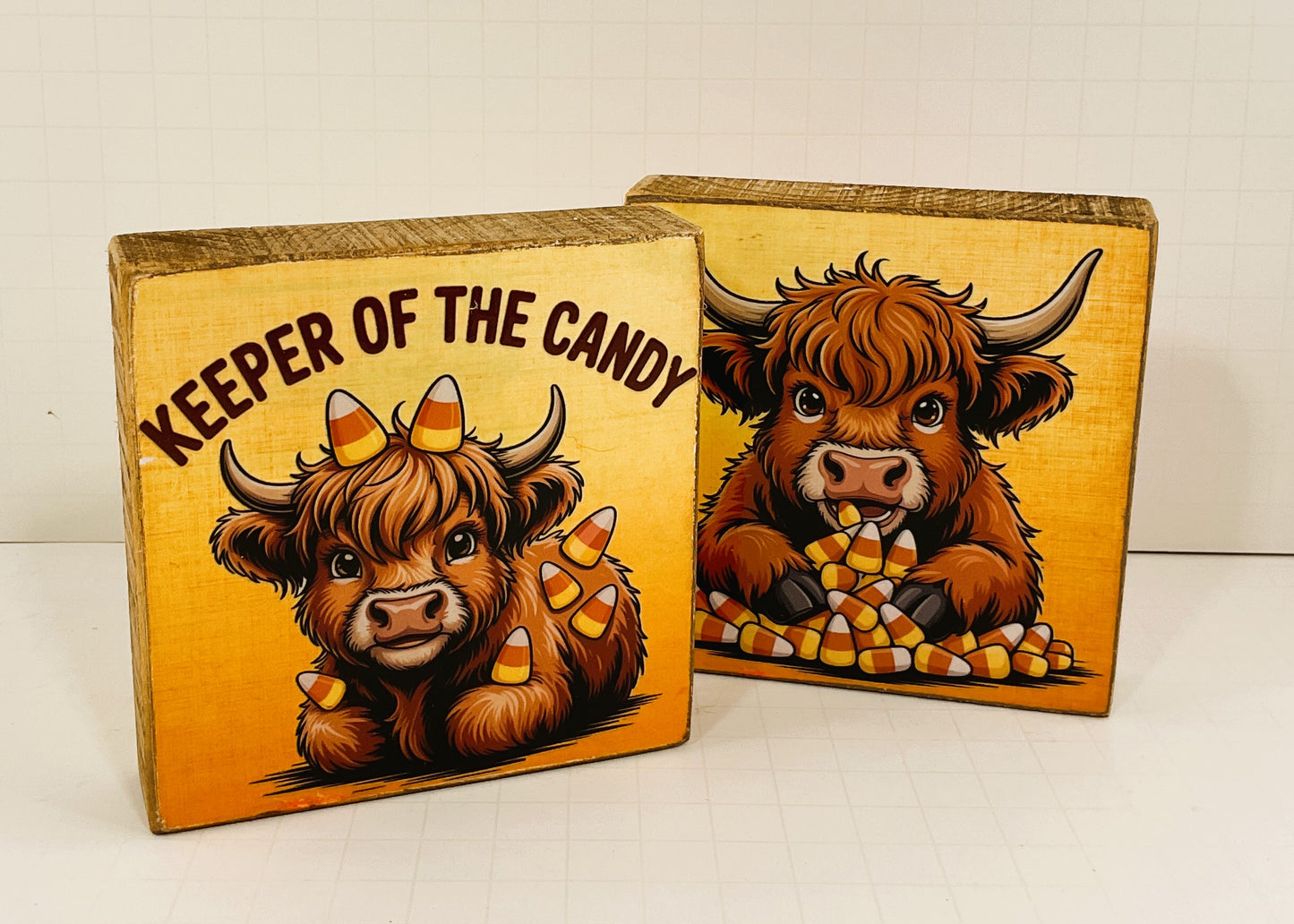 AGD Halloween Decor - Highland Cow Calico Cat Candy Corn Box Sign 2pc