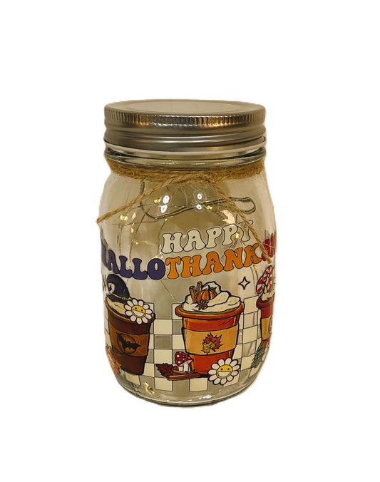 AGD Fall Decor - Hallothankmas Multi Seasons Latte Lighted Mason Jar