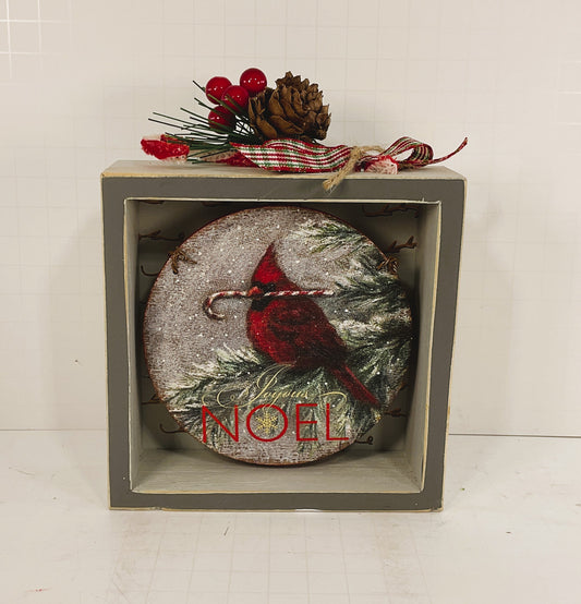 AGD Christmas Decor - Holly Pine Red Cardinal Noel Box Sign