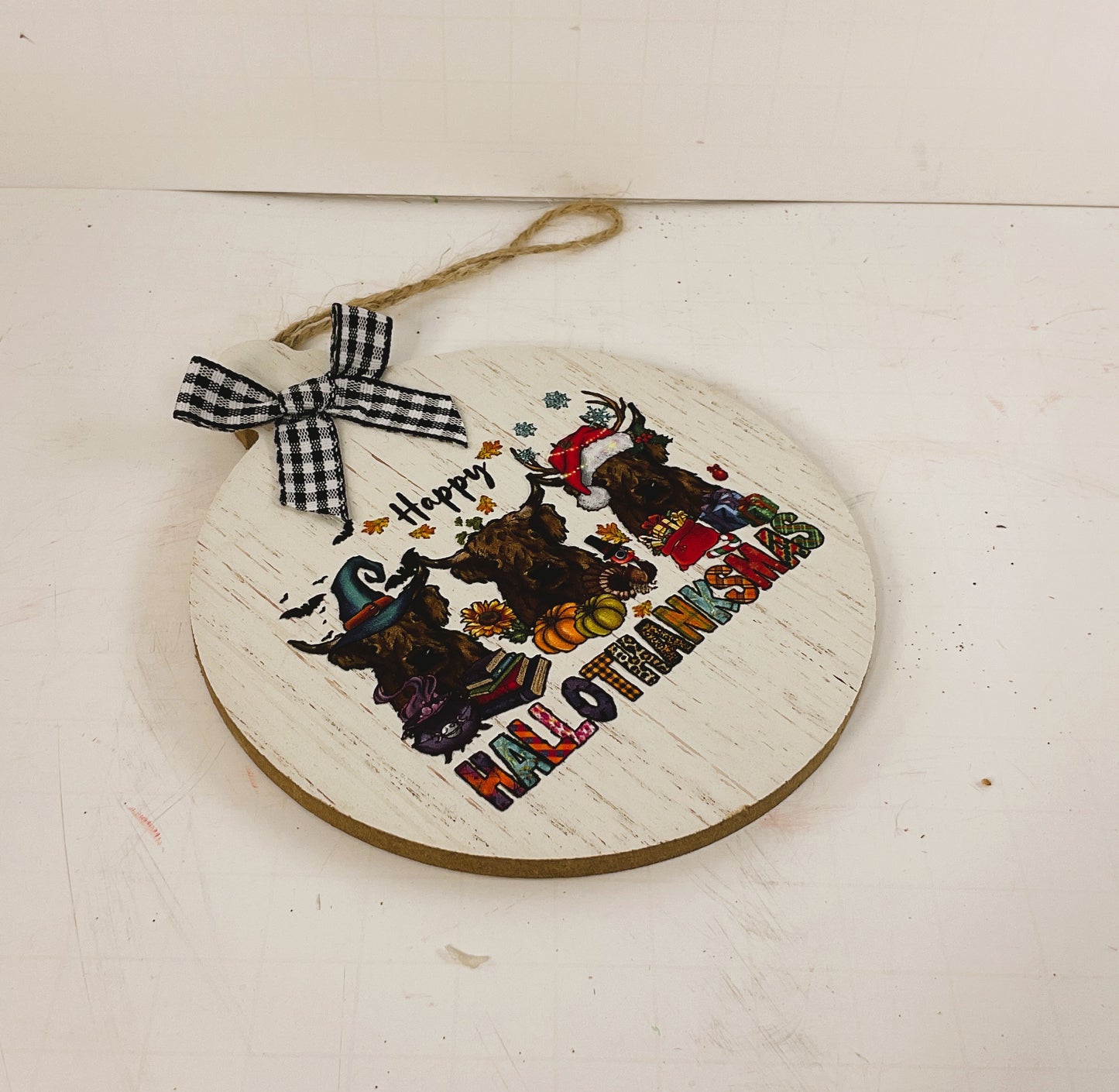 AGD Fall Decor - Highland Cow Coo Happy Hallothankmas Seasonal Ornament