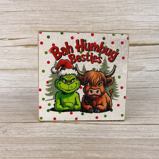 AGD Christmas Decor - Humbug Besties Highland Cow Small Block Sign