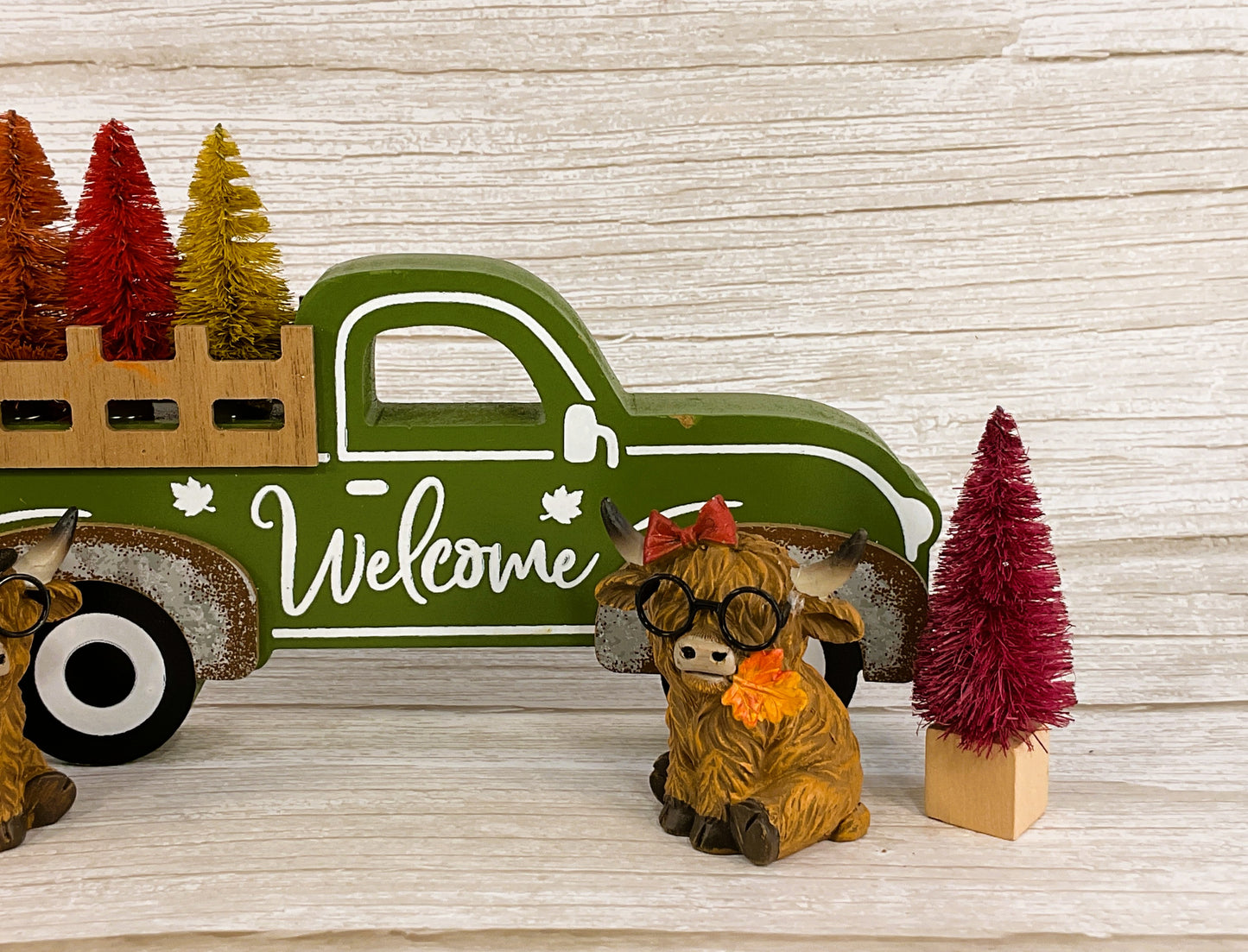 AGSD Fall Decor - Highland Cows Wood Truck Sisal Trees Tabletop Display