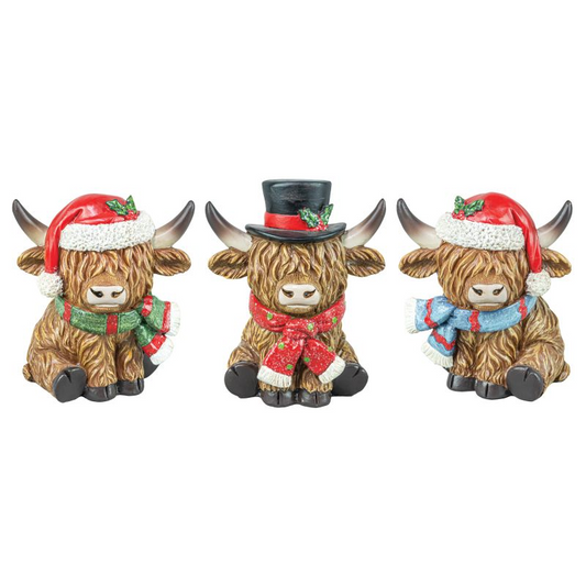 Gerson Christmas Decor - Santa Hat Cap Highland Cows Figurines 3pc