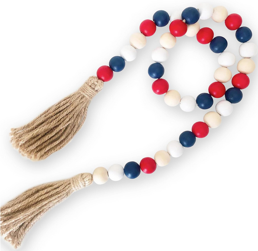 FD Patriotic Decor - Red White Blue Natural Wood Bead Garland 36-inch