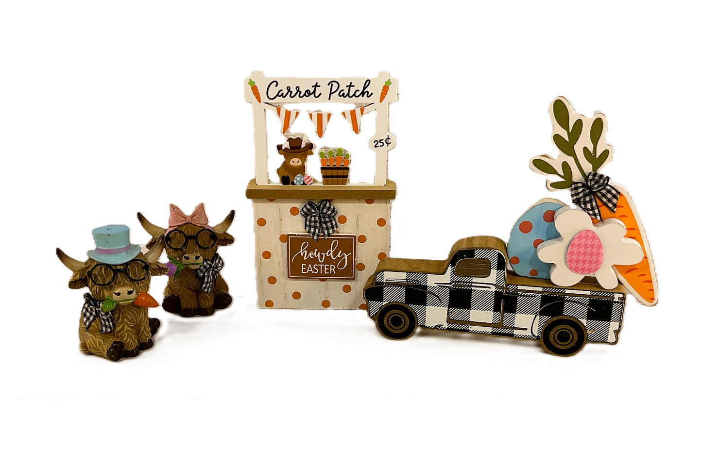 AGSD Easter Decor - Highland Cow Figurine Booth Truck Tier Tray 4pc Set