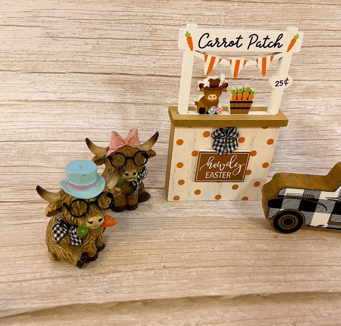 AGSD Easter Decor - Highland Cow Figurine Booth Truck Tier Tray 4pc Set