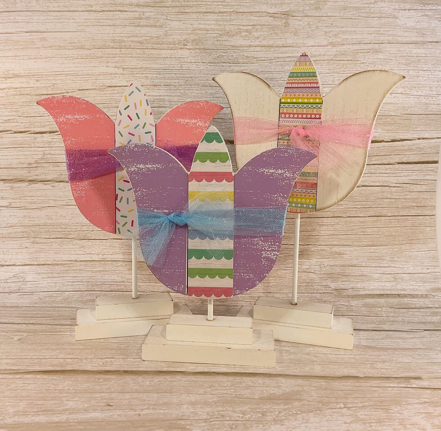 AGSD Easter Decor - Large Chunky Wood Spring Tulips 3pc Set