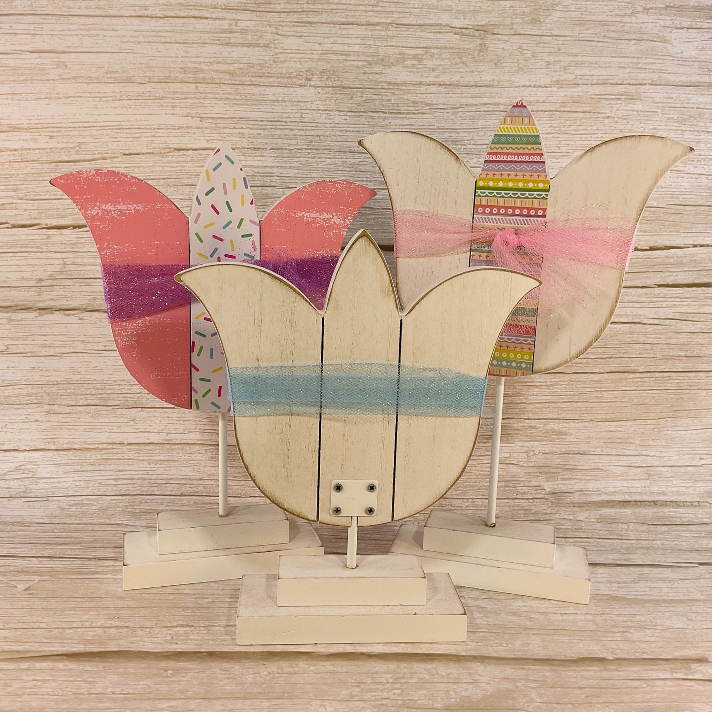 AGSD Easter Decor - Large Chunky Wood Spring Tulips 3pc Set