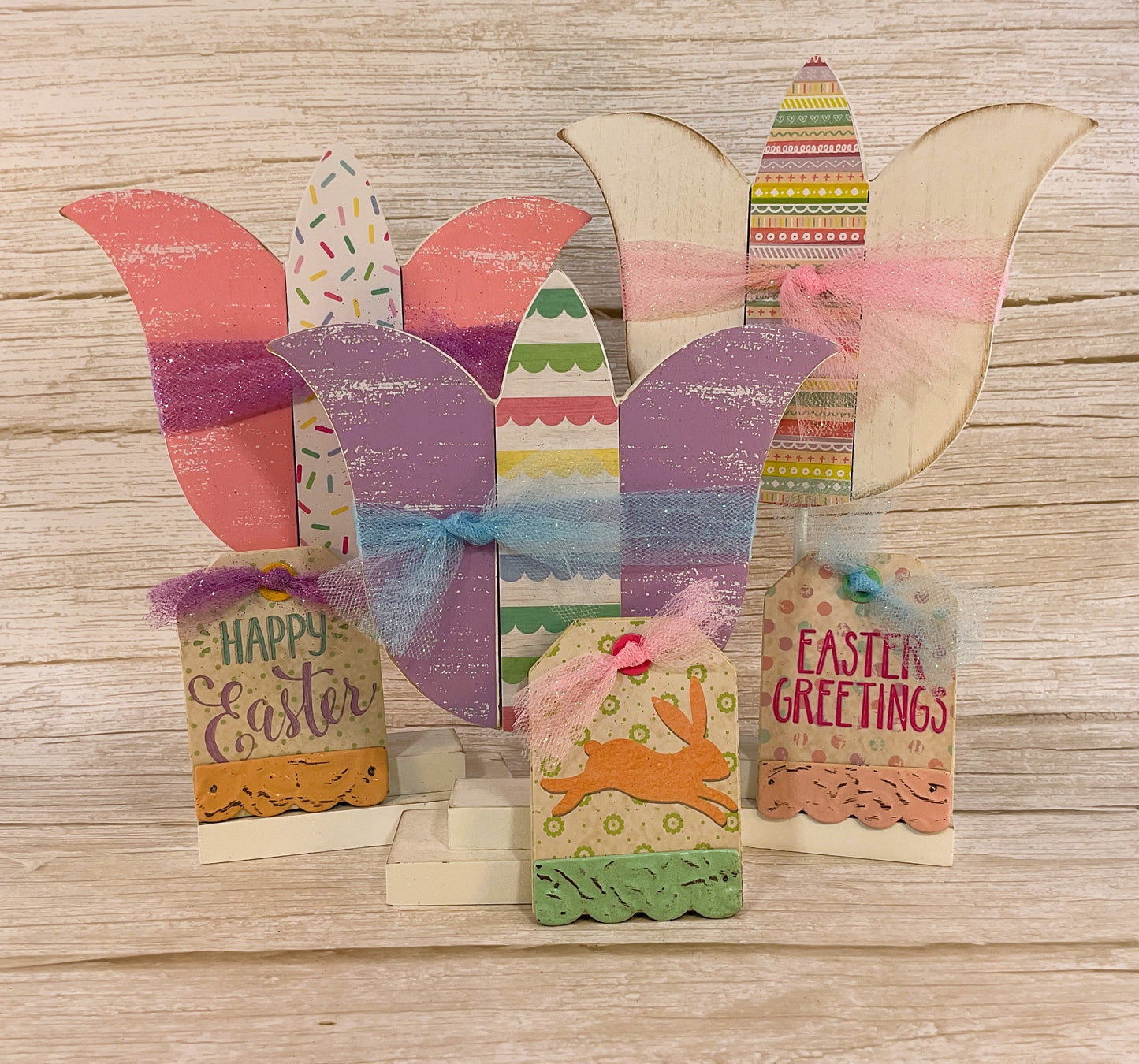 AGSD Easter Decor - Large Chunky Wood Spring Tulips 3pc Set