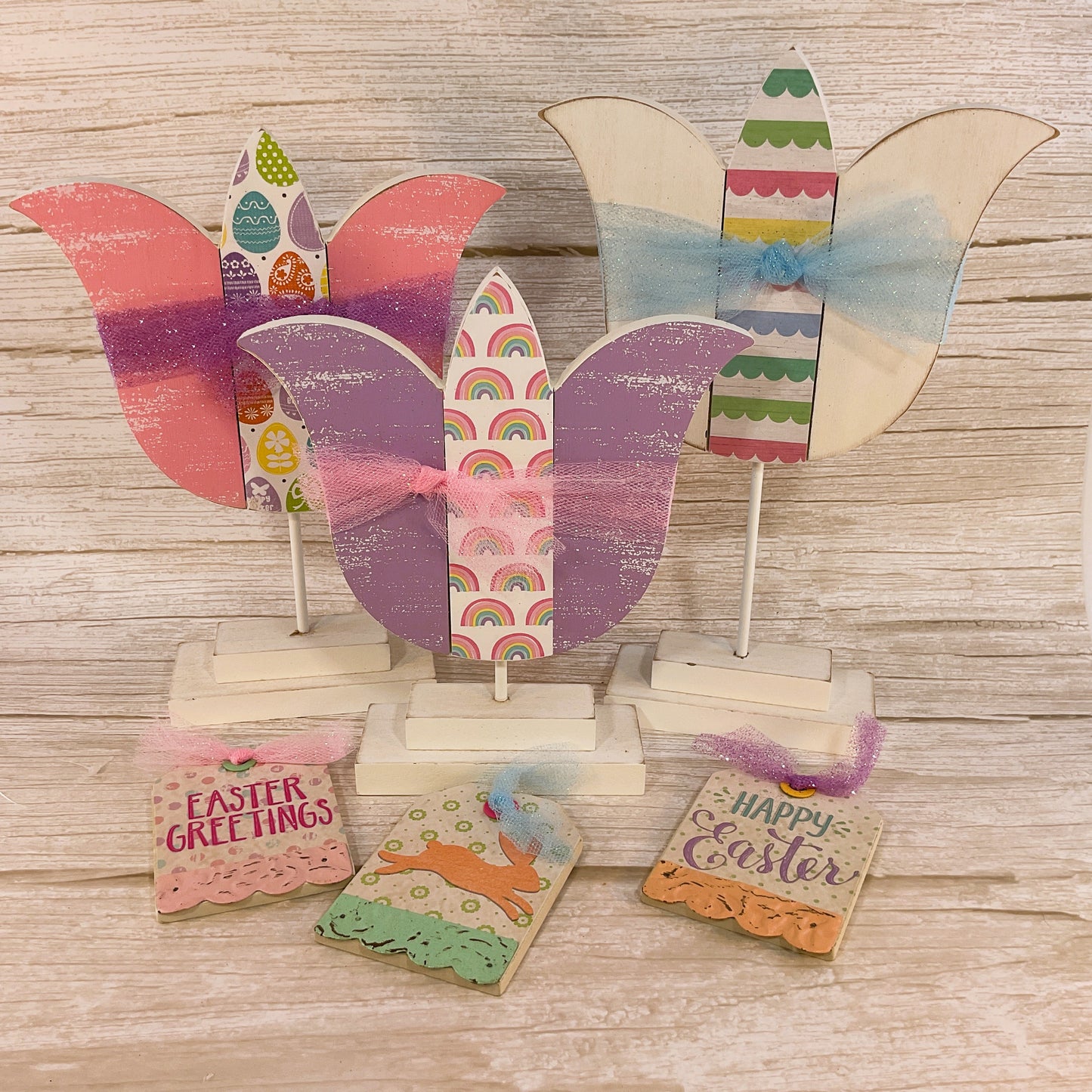 AGSD Easter Decor - Large Chunky Wood Spring Tulips 3pc Set
