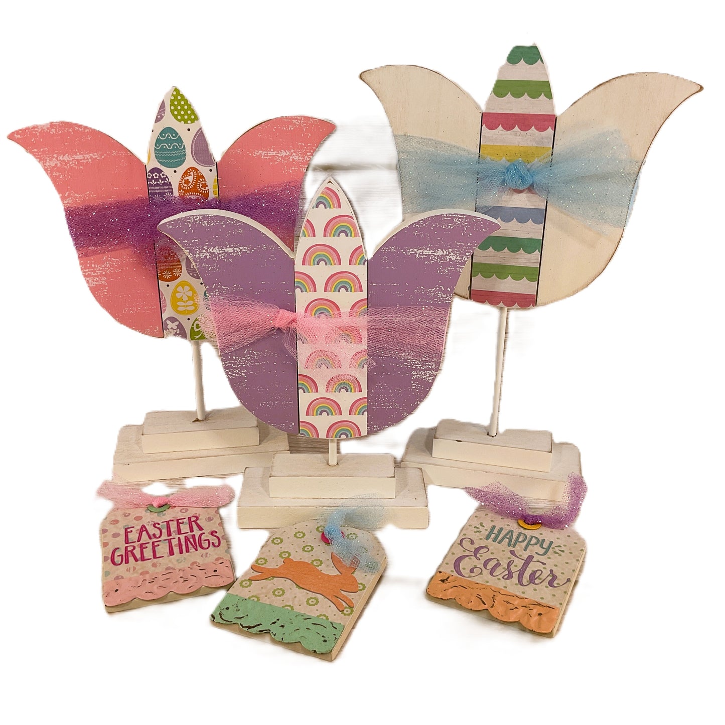 AGSD Easter Decor - Large Chunky Wood Spring Tulips 3pc Set
