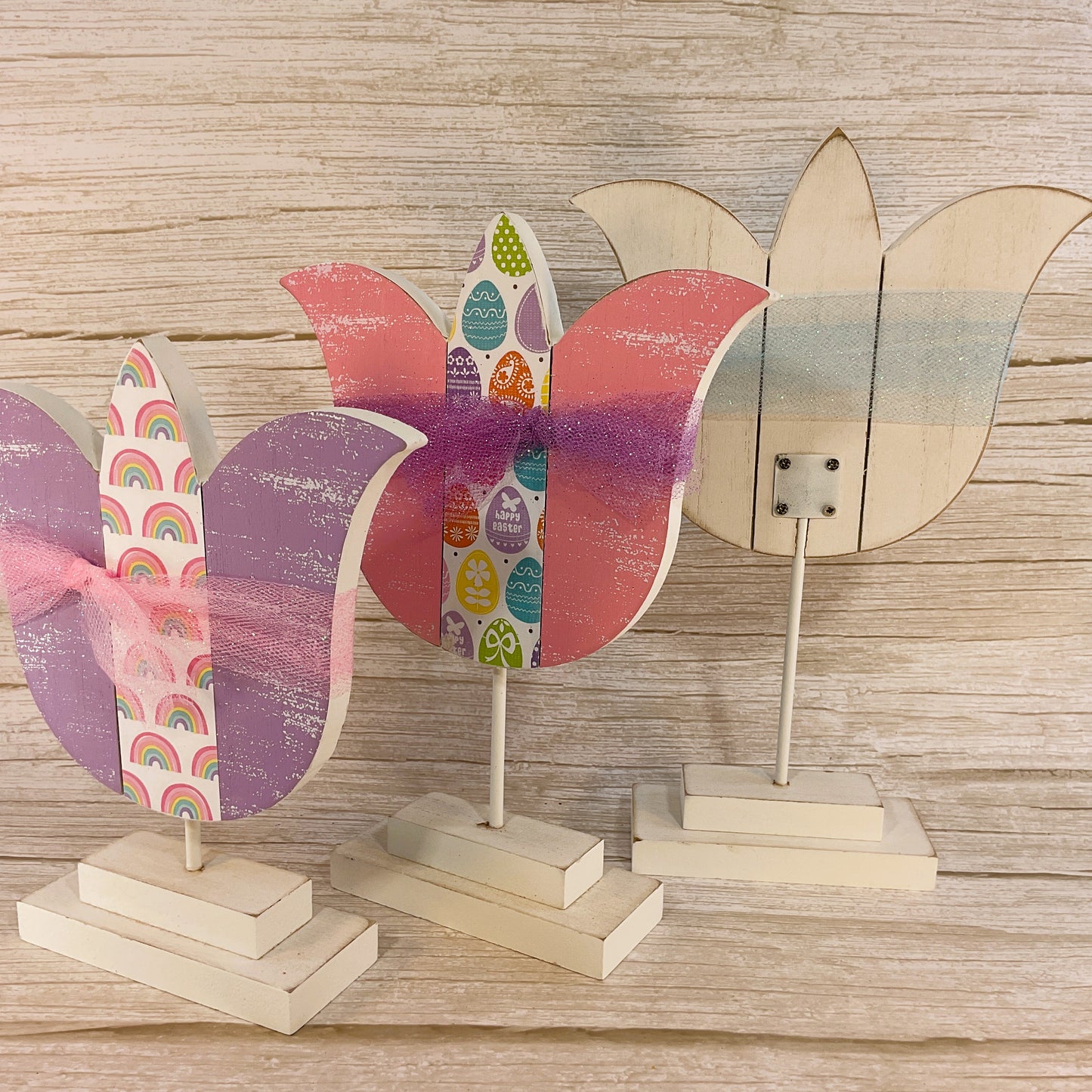 AGSD Easter Decor - Large Chunky Wood Spring Tulips 3pc Set