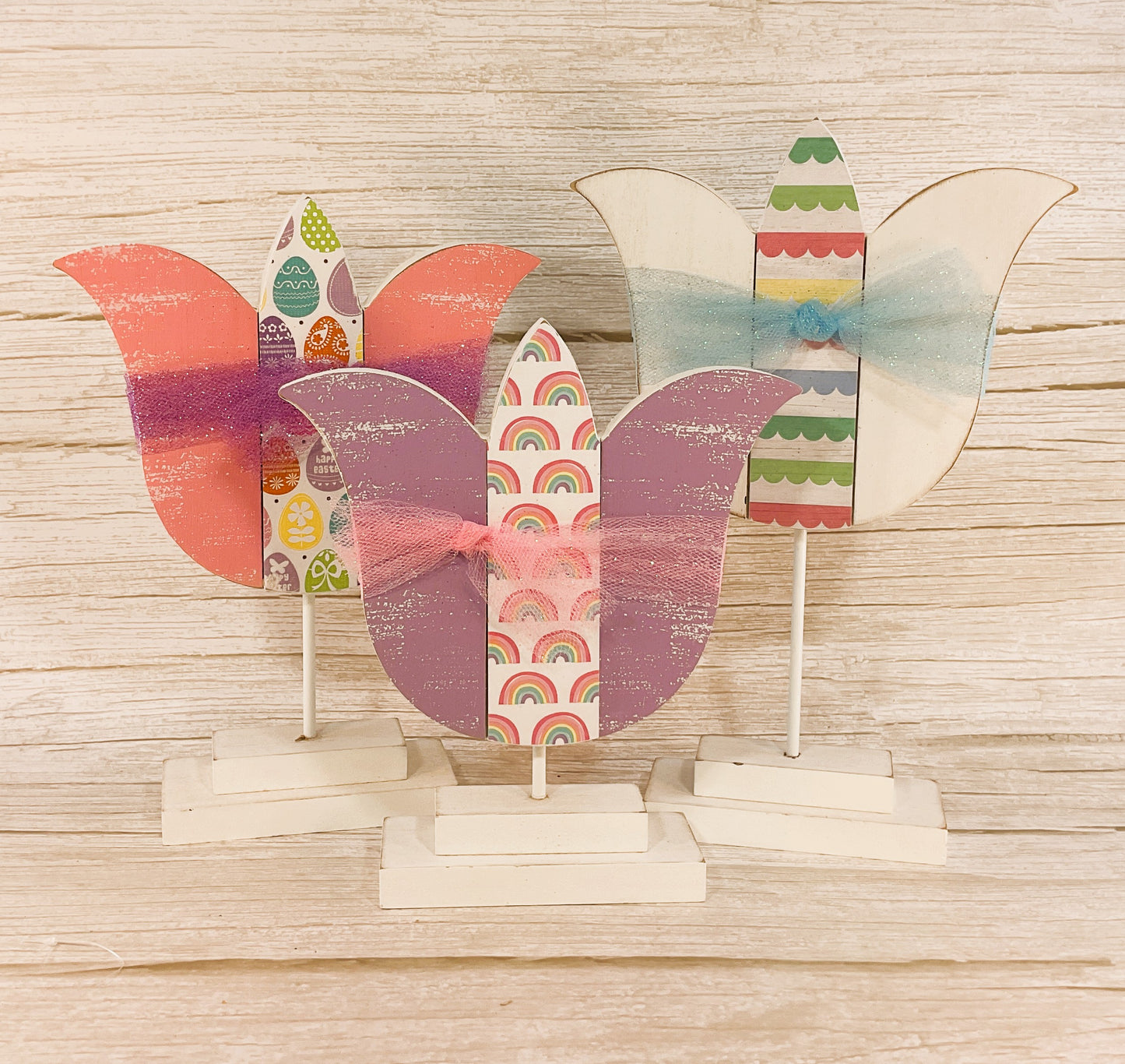 AGSD Easter Decor - Large Chunky Wood Spring Tulips 3pc Set