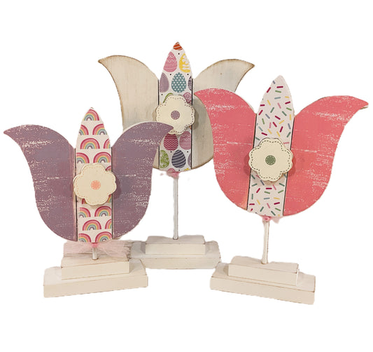 AGSD Easter Decor - Large Chunky Wood Spring Tulips 3pc Set