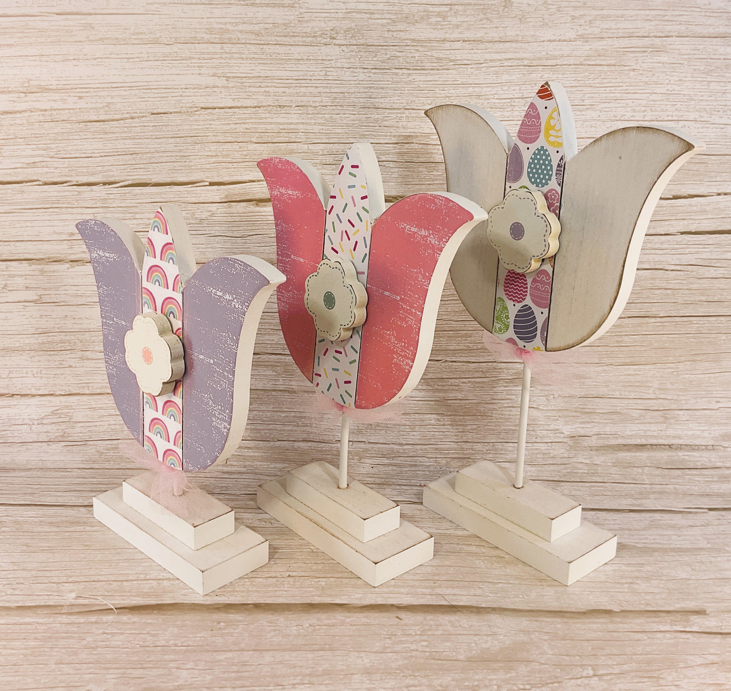 AGSD Easter Decor - Large Chunky Wood Spring Tulips 3pc Set