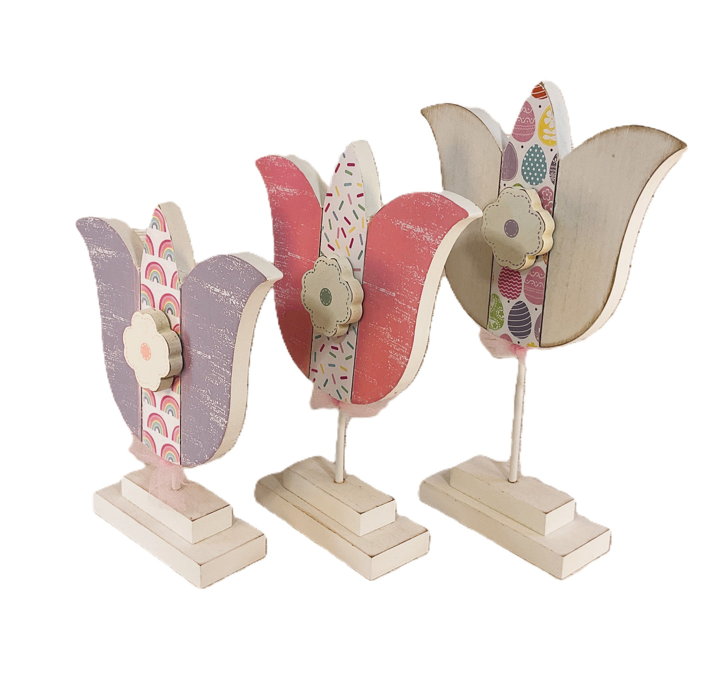 AGSD Easter Decor - Large Chunky Wood Spring Tulips 3pc Set