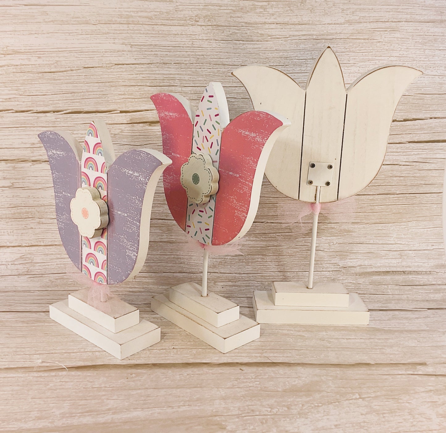 AGSD Easter Decor - Large Chunky Wood Spring Tulips 3pc Set