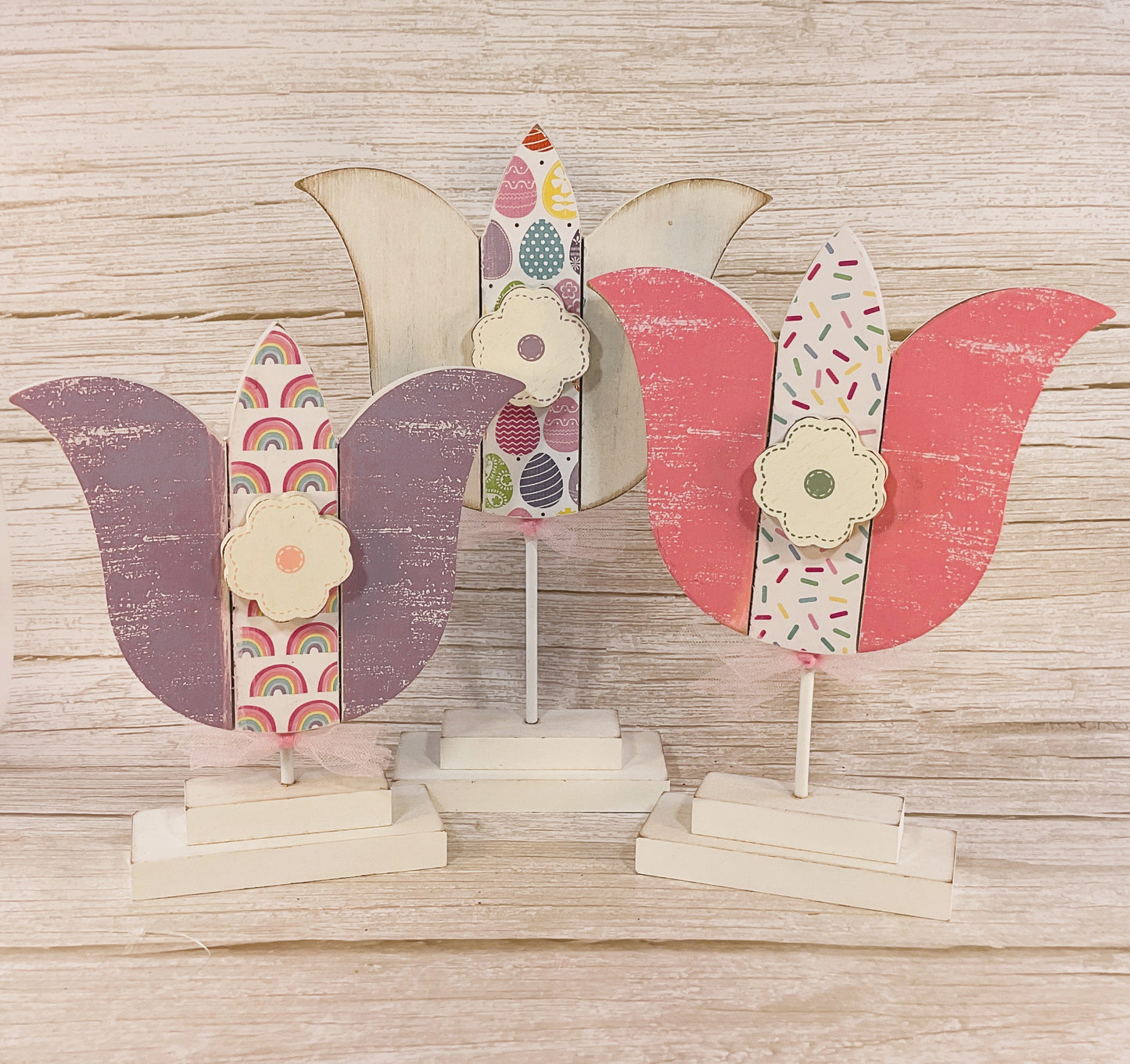 AGSD Easter Decor - Large Chunky Wood Spring Tulips 3pc Set