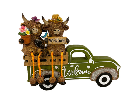 AGSD Spring Decor - Welcome Highland Cow Vintage Truck Figurine Decor
