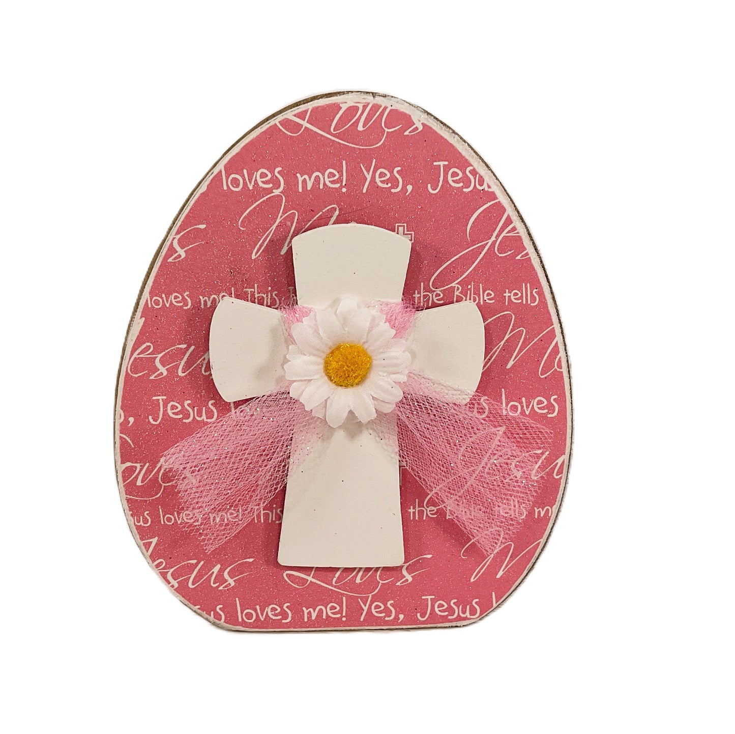 AGSD Easter Decor - Jesus Love Me Pink Egg Sitter with Cross