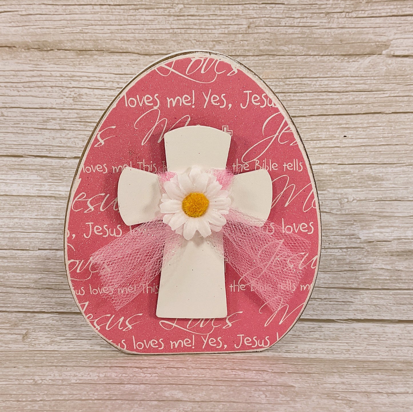 AGSD Easter Decor - Jesus Love Me Pink Egg Sitter with Cross