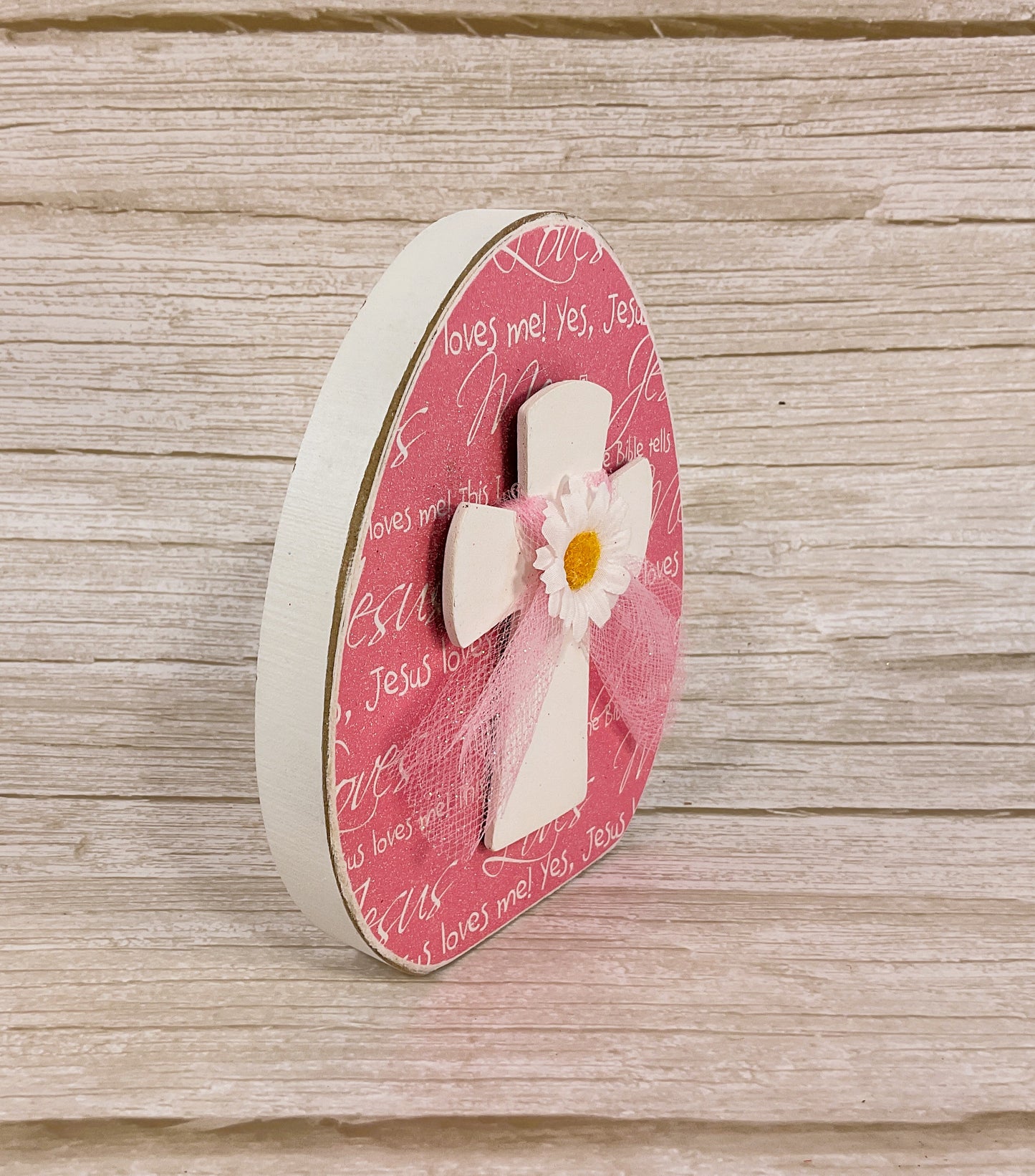 AGSD Easter Decor - Jesus Love Me Pink Egg Sitter with Cross