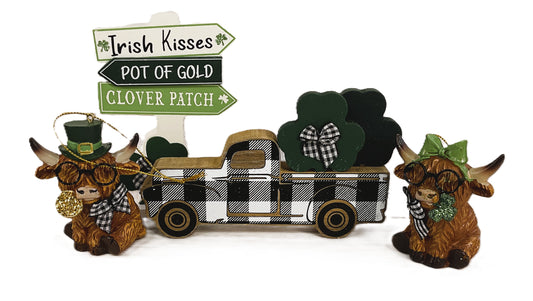 AGSD St Patrick's Decor - Highland Cow Figurine Arrow Sign Truck 4pc Set